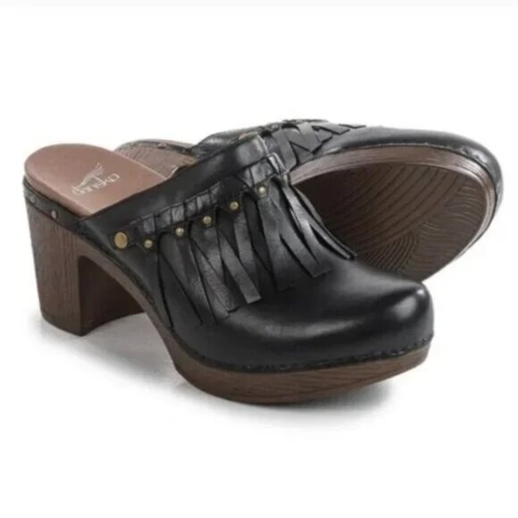 Dansko Deni Fringe Clogs Black Leather 40 Platform Heeled Mules - Picture 1 of 12